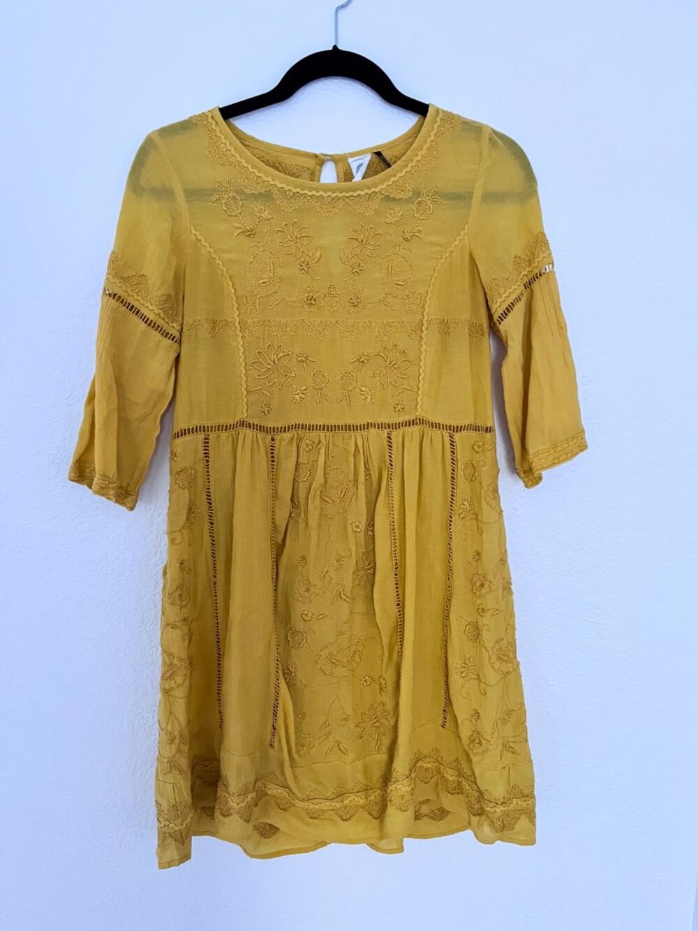 Anthropologie Mustard Yellow Embroidered Boho Dress
